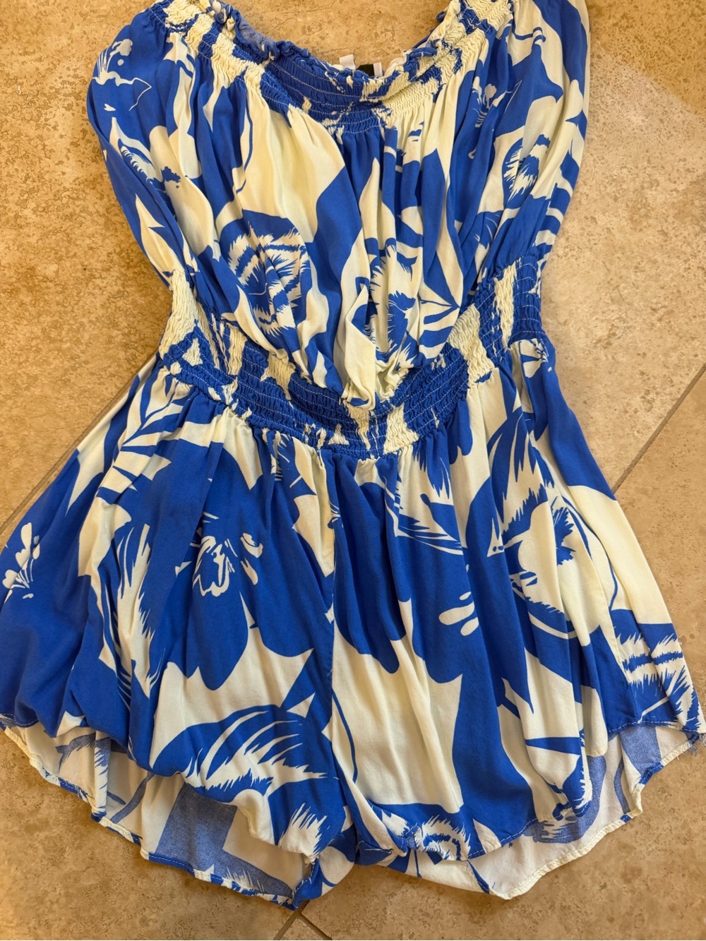 Olivaceous Blue and Cream Floral Off-Shoulder Romper